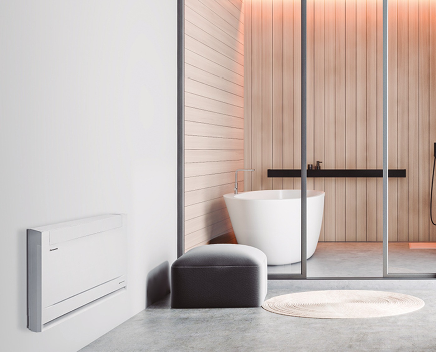 Unité de climatisation console basse Panasonic dans un salon contemporain
